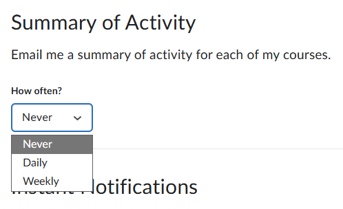 The Summary of Activity settings in Notifications in D2L. A dropdown allows users to opt into Summary emails sent never, daily, or weekly.