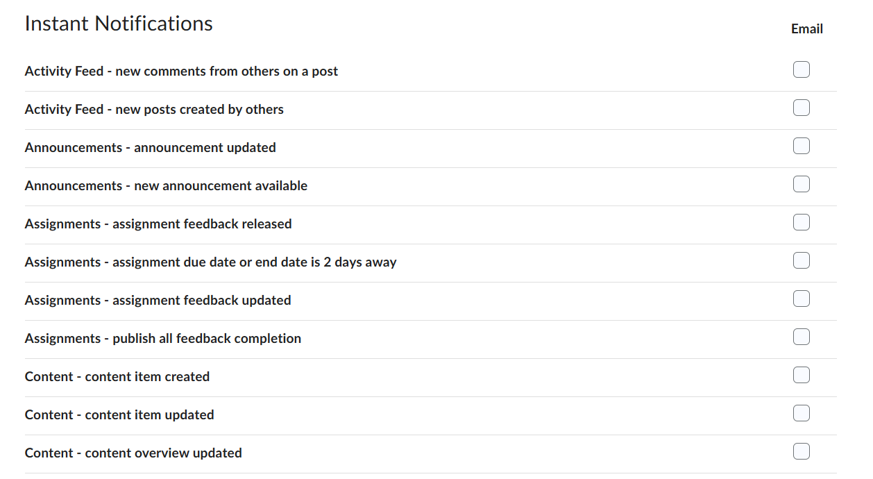 The Instant Notifications settings in Notifications in D2L. A list shows notification types, sorted by category (Activity Feed, Announcements, Assignments, Content, Quizzes), and each row has a checkbox to opt into email notifications of that type.