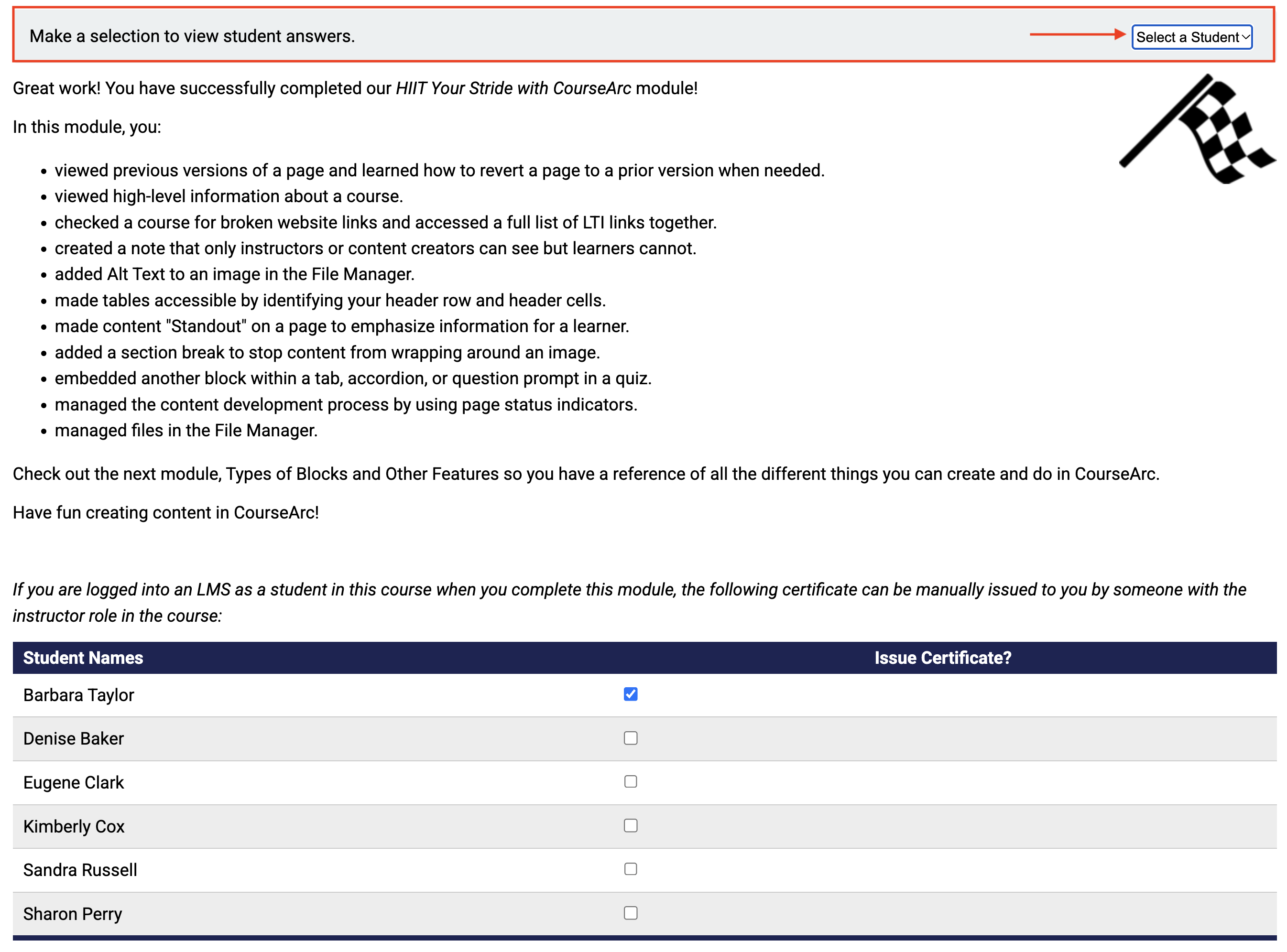 issue certificate with select a student showing in the dropdown menu
