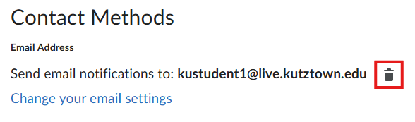 The Contact Methods settings under Notifications in D2L. The email address currently used for notifications is displayed. To its right is a trash can icon, used to remove the address.