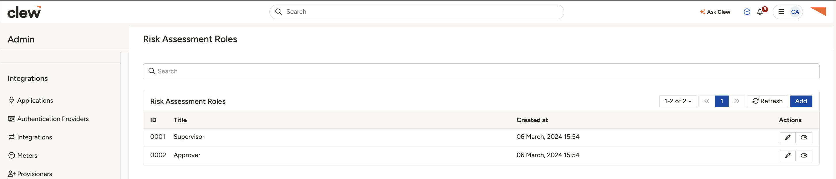The Risk Assessment Roles list in Admin, showing existing roles with edit and disable actions.