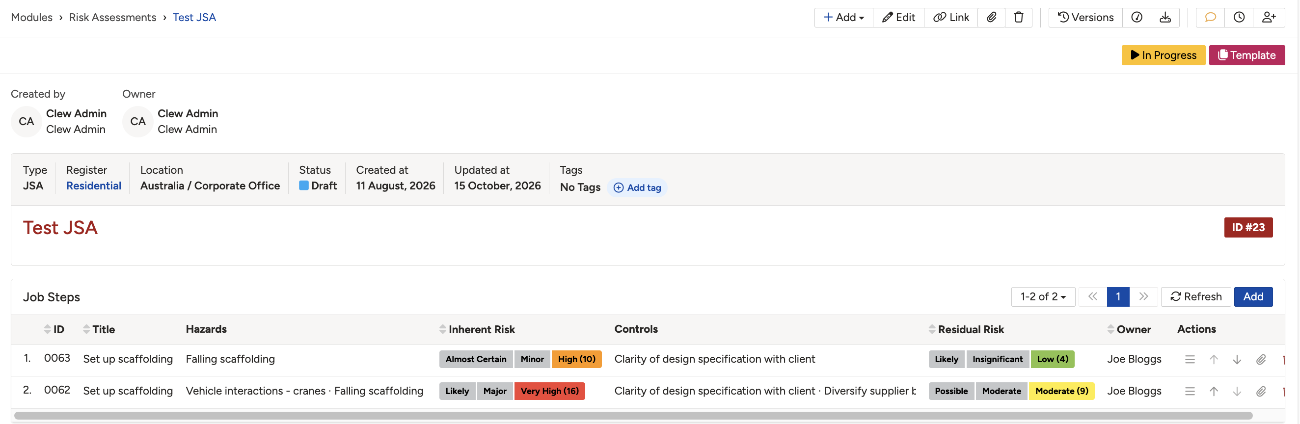 A JSA with job steps, each showing its hazards, inherent rating, controls, residual rating, and owner.