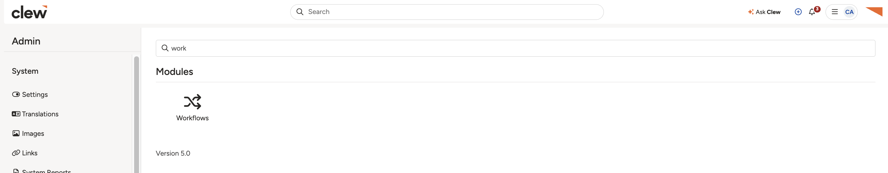 The Admin page with Workflow searched for.