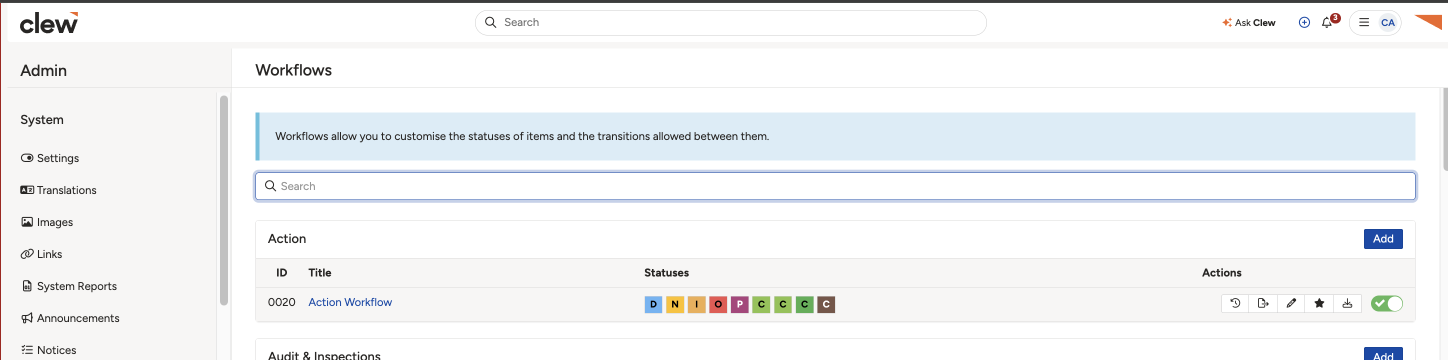 Searching for the module and clicking the Add button to start a workflow configuration.