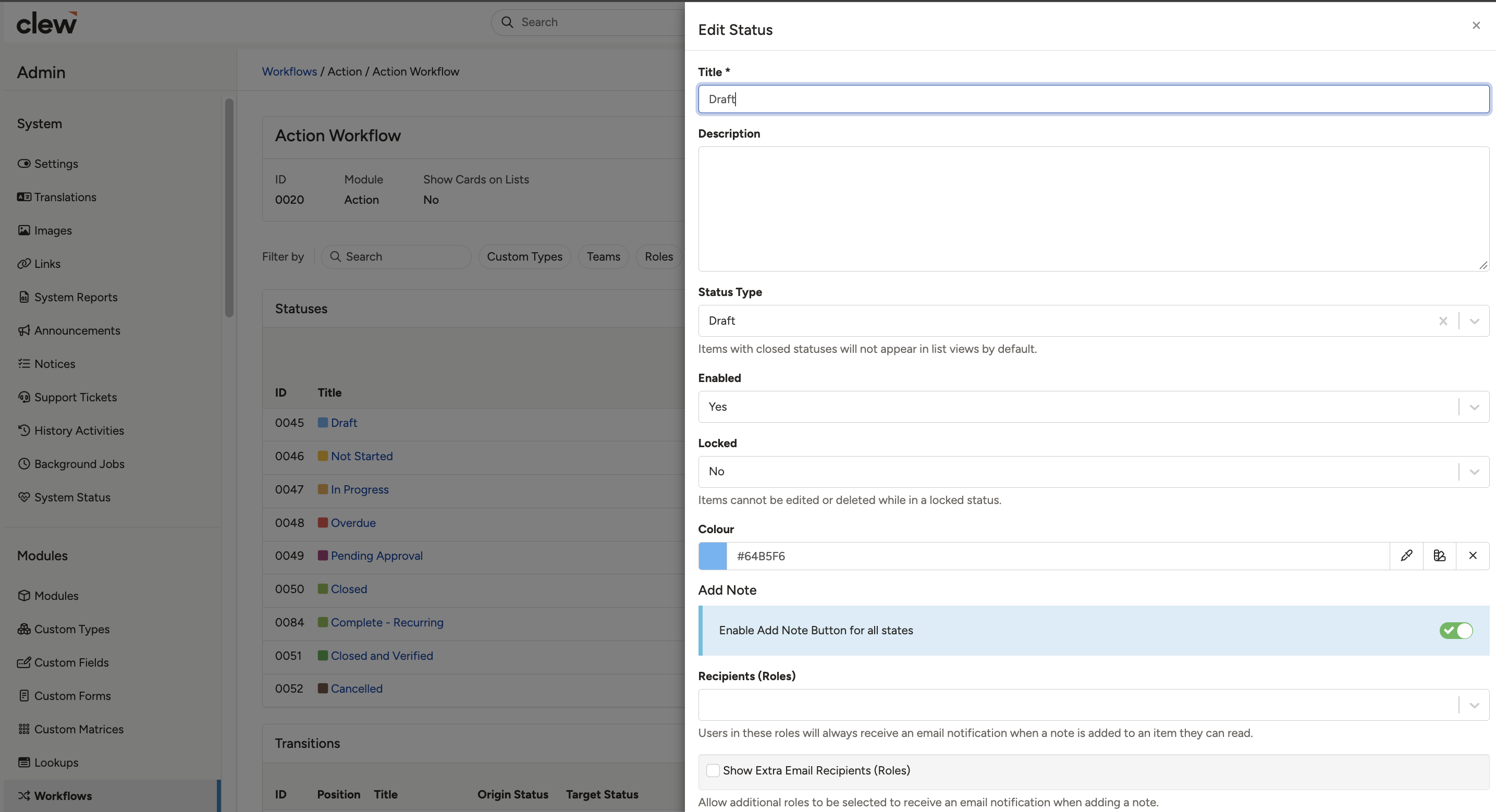 Editing a status, showing its Title and the other status settings.