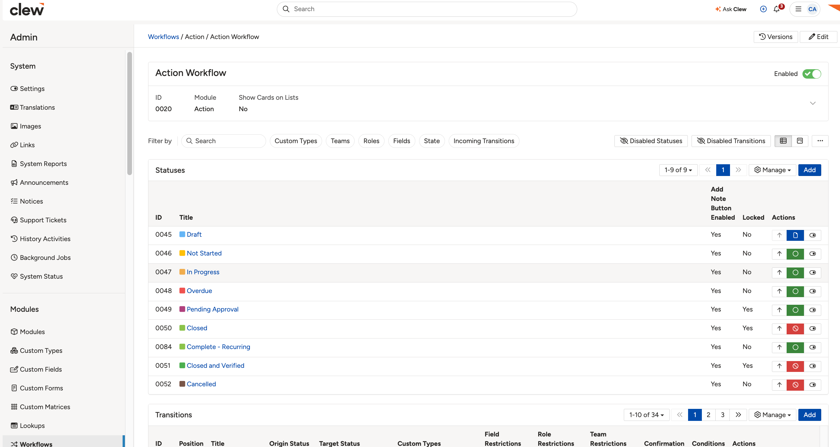 The workflow configuration for the selected module.