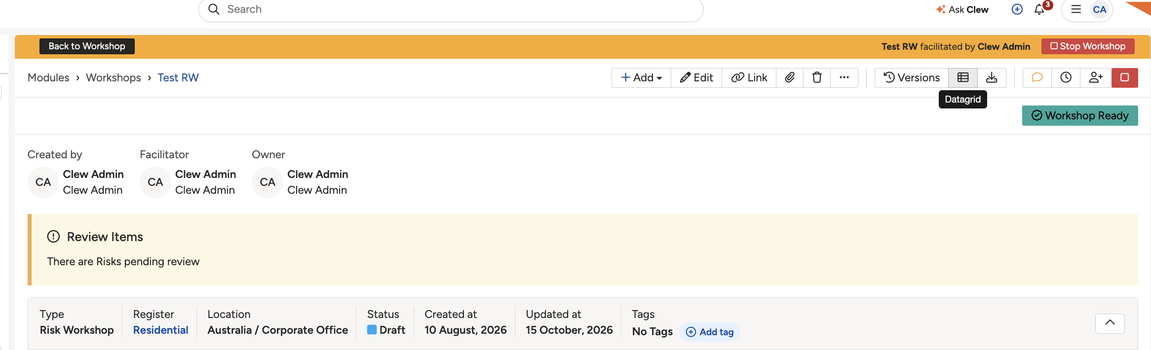 The Datagrid button in the workshop's toolbar, top right.