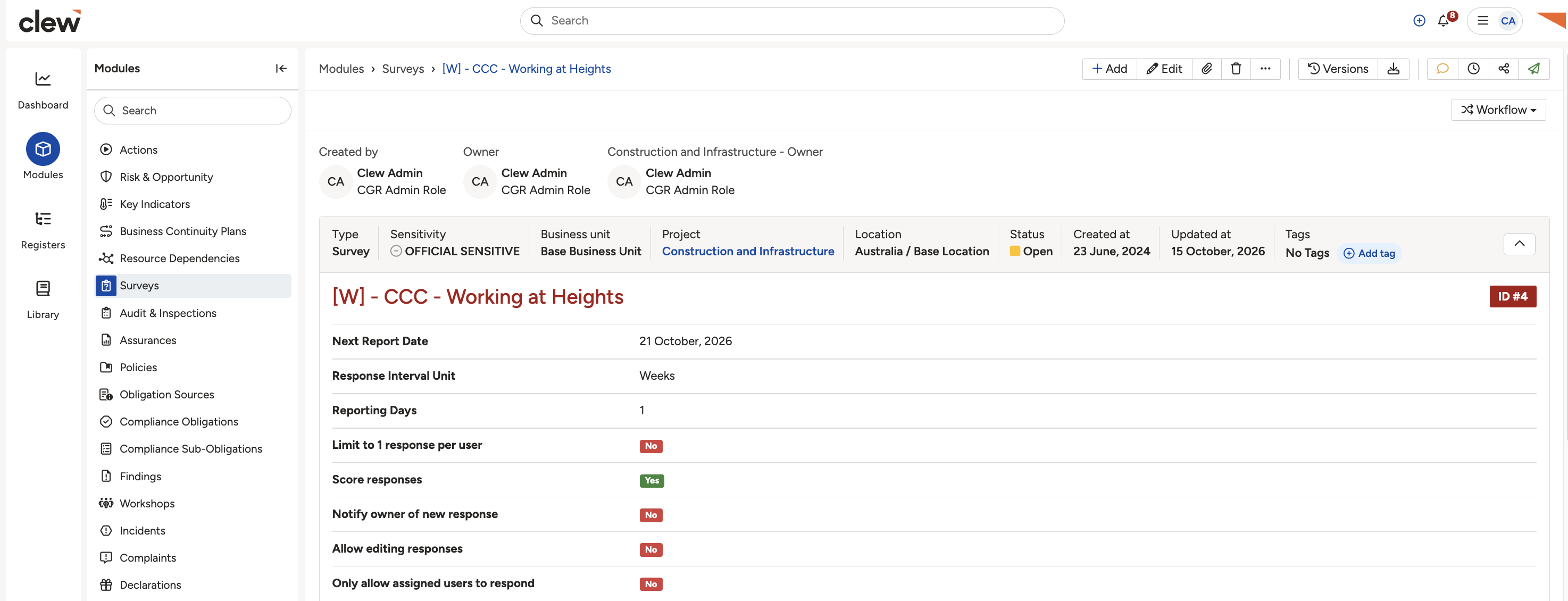 The survey configuration screen showing Next Report Date and Response Interval Unit.