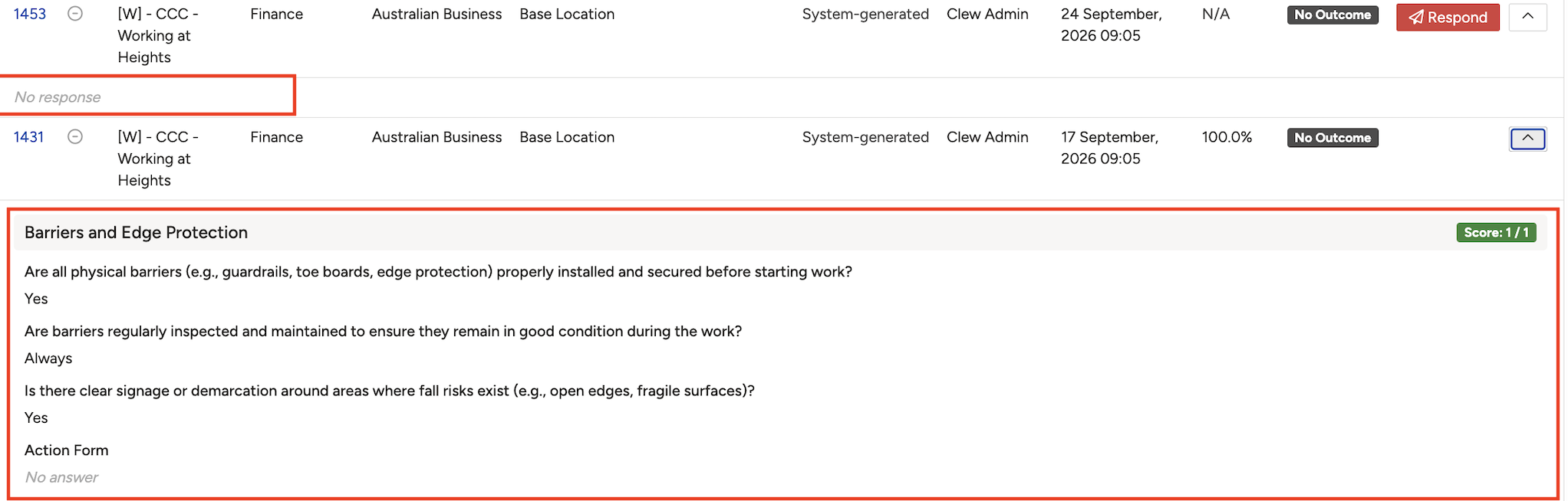 A completed survey response, showing the answers and results.