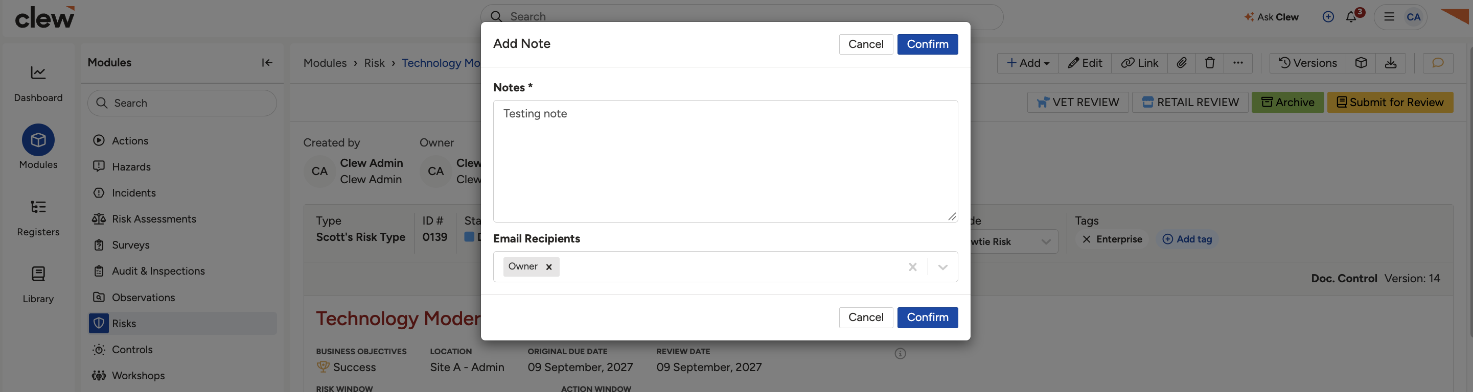 The record toolbar with the Add Note icon, and the Add Note dialog showing the Notes, Email Recipients and Extra Email Recipients fields and the Confirm button.