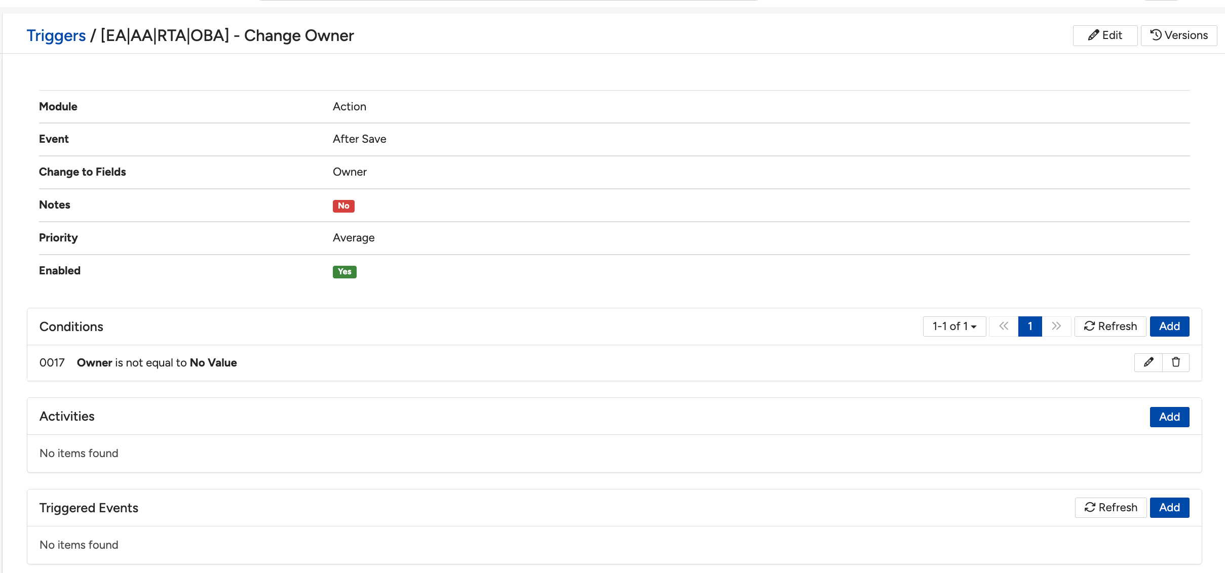 A trigger configuration page showing the Module, Event and Change to Fields settings, and the Activities section listing the fields logged to the Activity Stream.