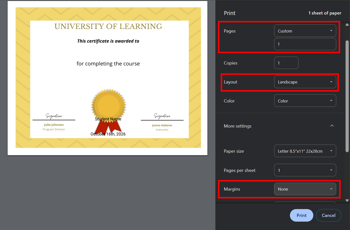 Screenshot of Chrome Print Dialog form with Pages, Layout, and Margins fields highlighted