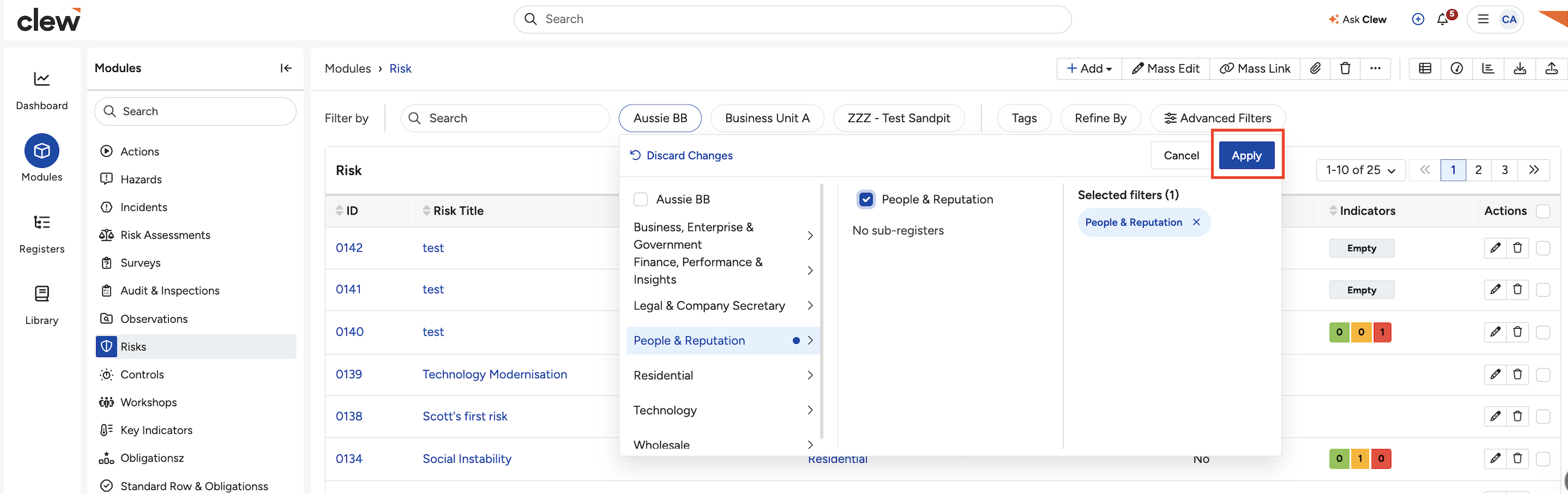 A register selected in List View