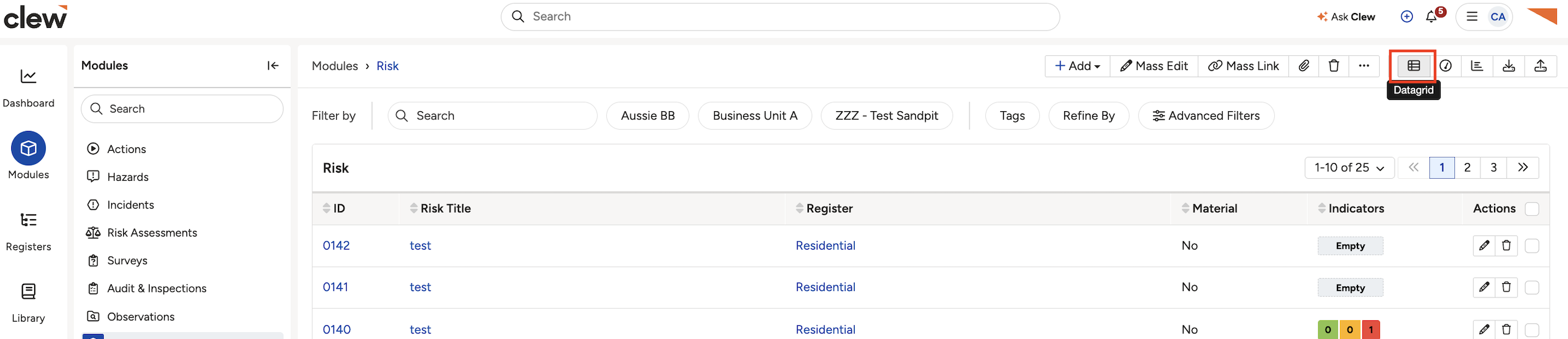 The data grid icon on the list toolbar