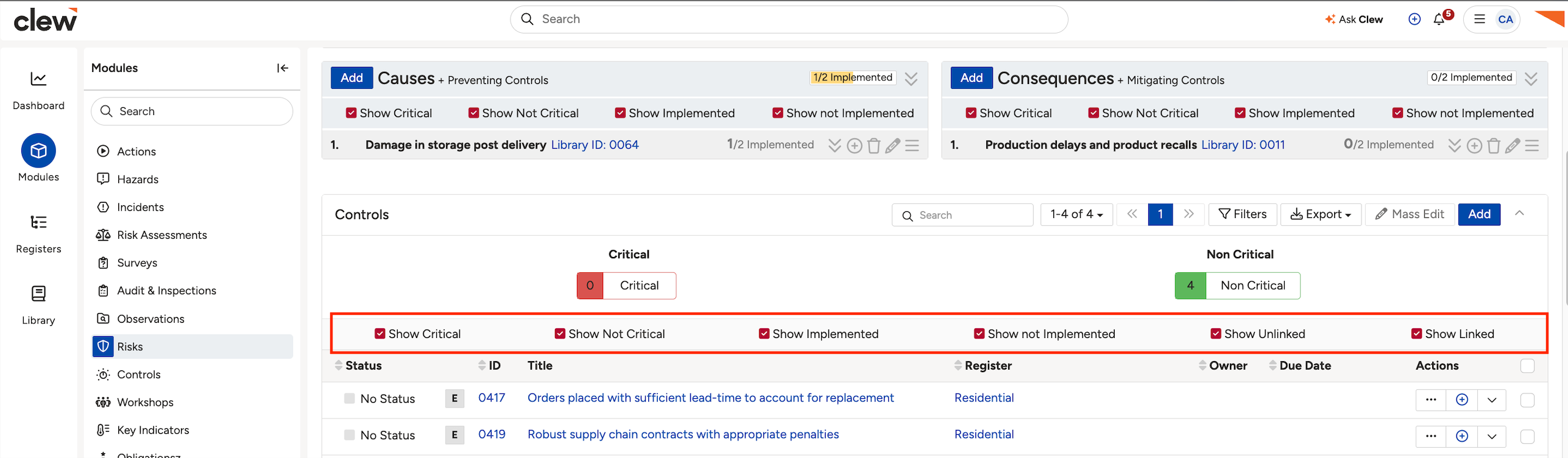 The quick filter toggles above the Controls table