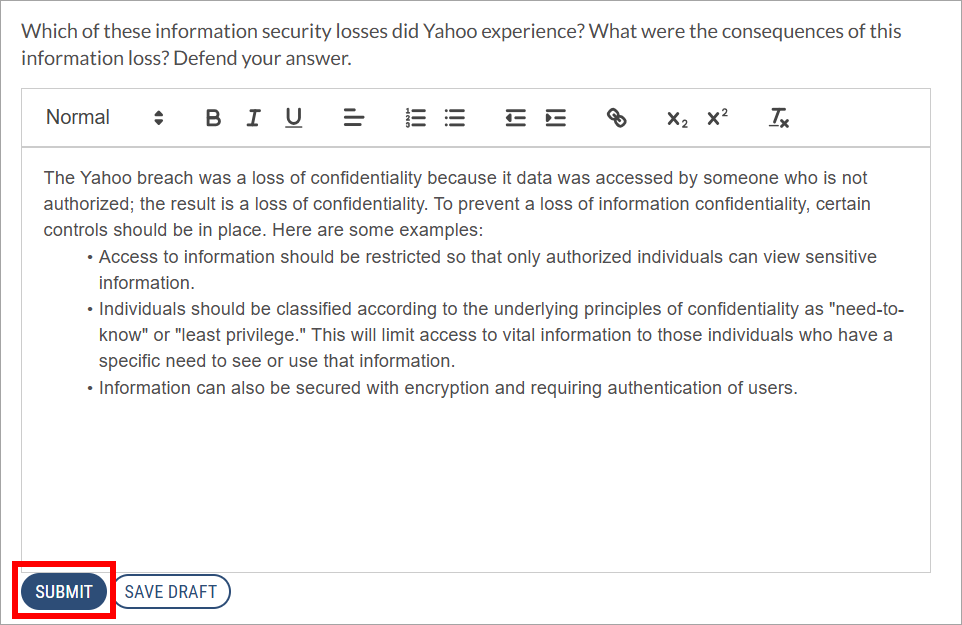 screenshot of the writing block with the submit button highlighted