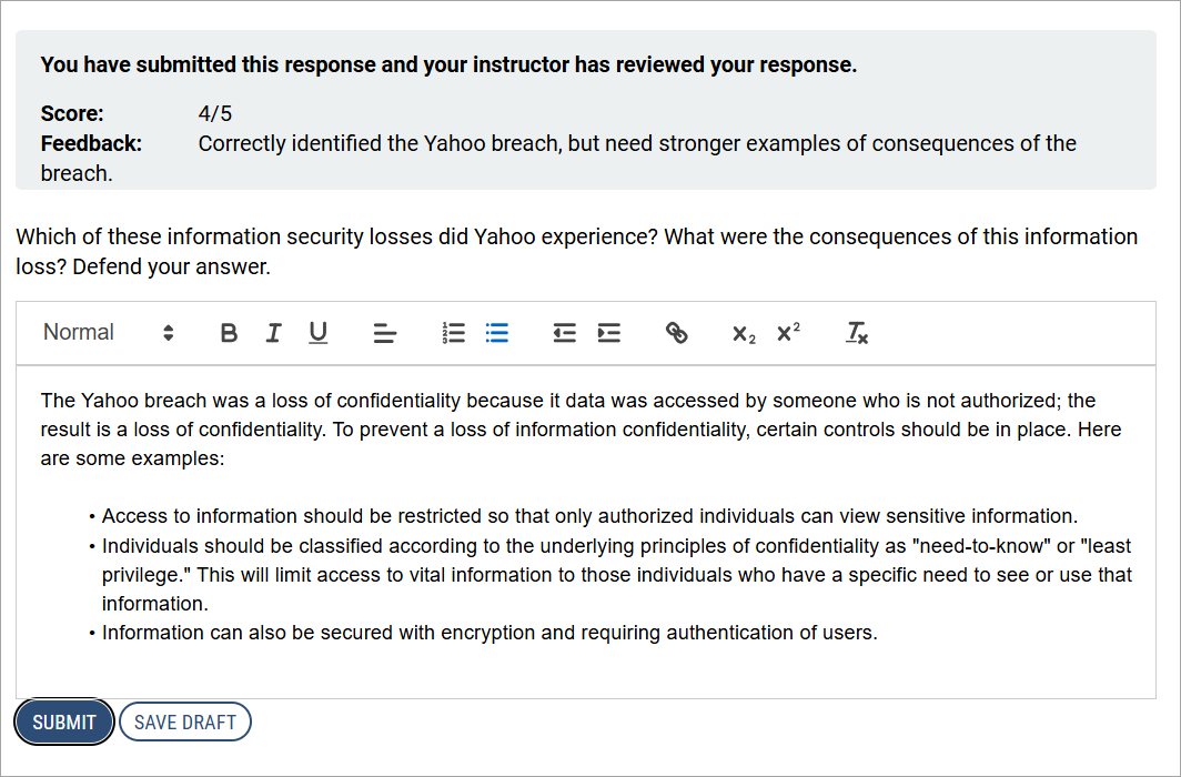 Screenshot of student view with instructor feedback on their original response