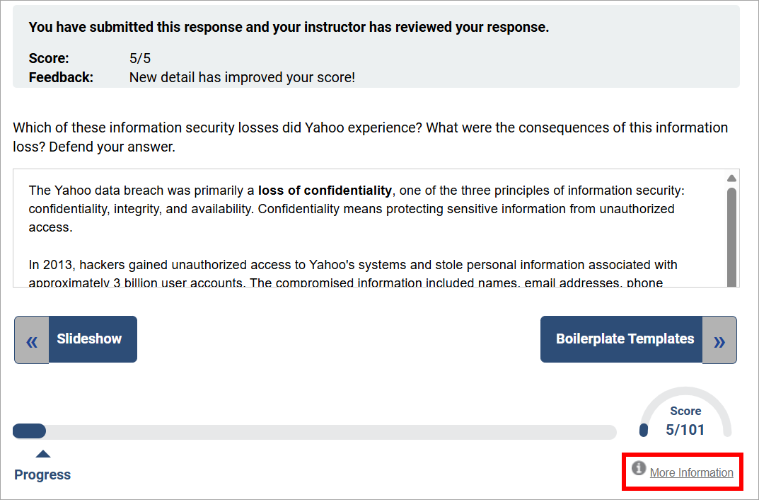 screenshot of the writing block with a score and instructor feedback and the More Information highlighted