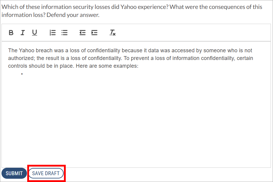screenshot of the writing block with a draft response