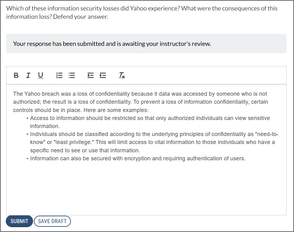 Screenshot of system alert that notifies learners that their response has been submitted.