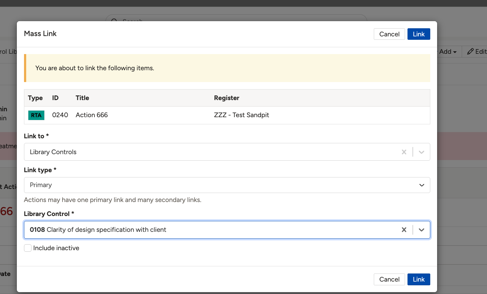 The link dialog with the Link type set, showing the note that a record may have one primary link and many secondary links