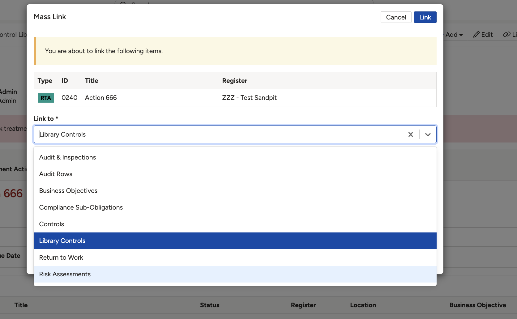 The Link to field open, listing the item types that can be linked