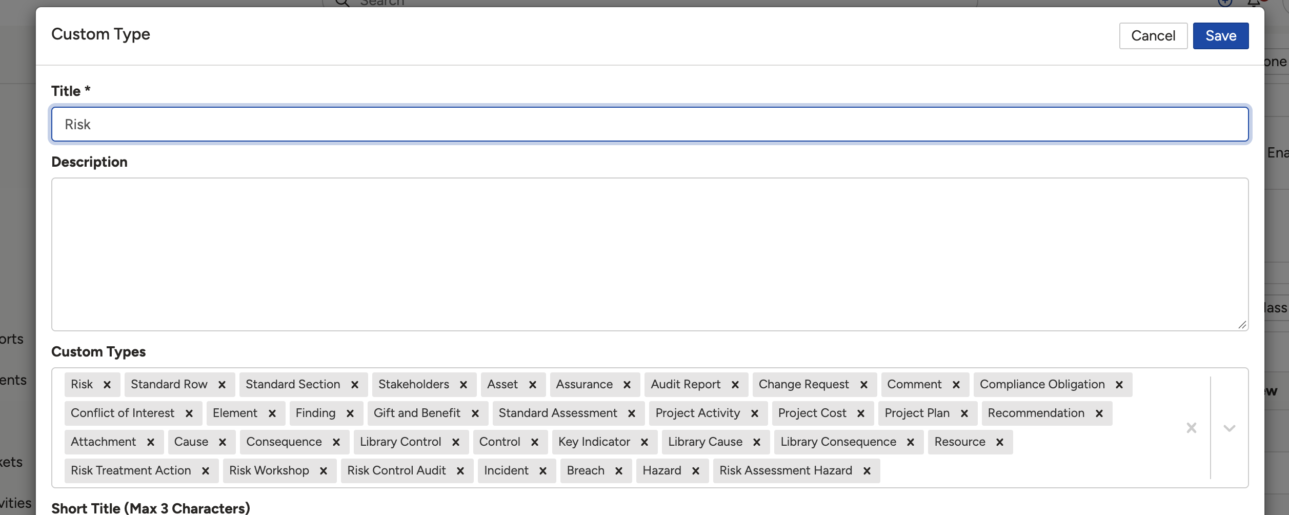 The Custom Types field in the Risk custom type's Edit view, listing the linked module types