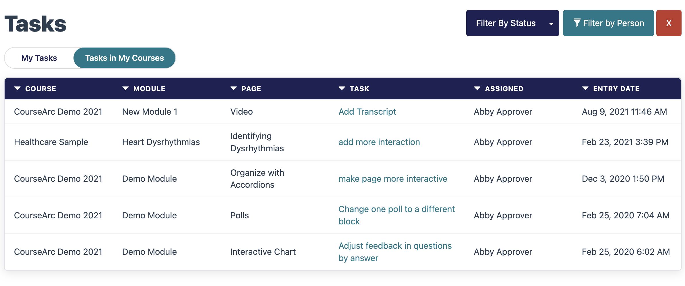 screenshot of tasks in my courses filtered for a specific person