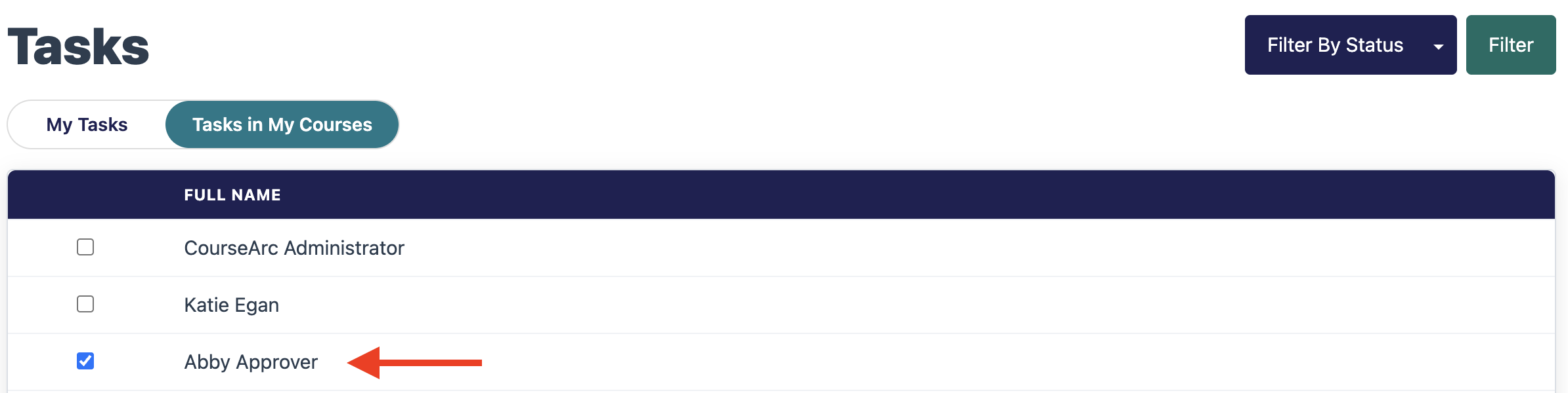 tasks view of my courses with Abby Approver checked off