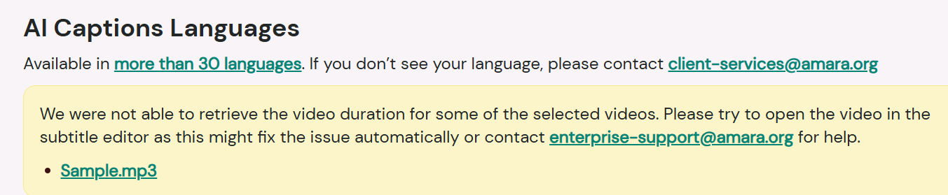 Failed order of AI captions due to MP3 file added from Google Drive having no duration.