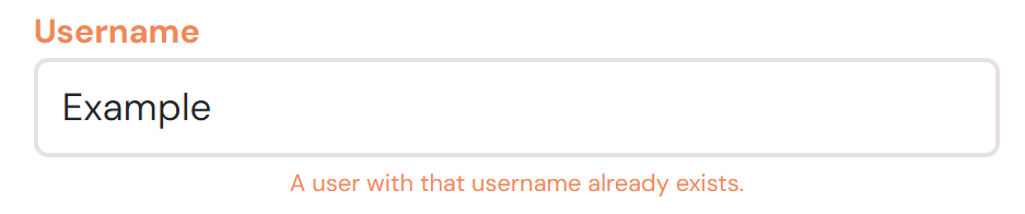 Screenshot of error page when entering a username that already exists.