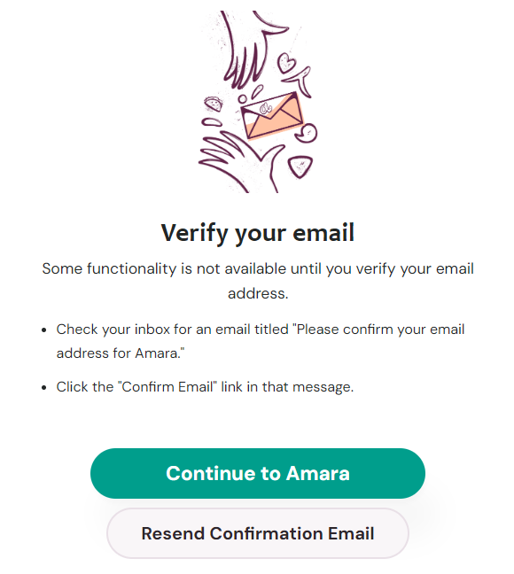 Screenshot of the Verify your email message to access all features on Amara.org.