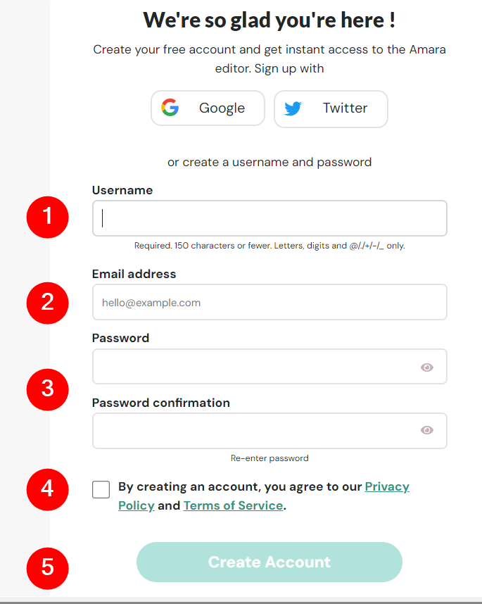 Screenshot of the Create a username and password page where users enter username, email, password, and agree to the TOS to create a new free Amara username.
