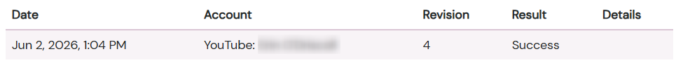 Sync History showing subtitles exported to YouTube with the word Success in the Result column.