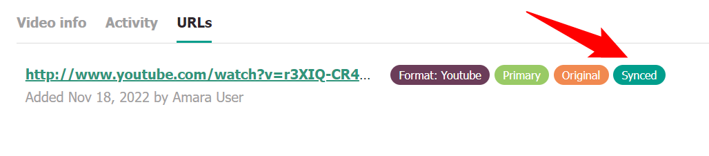 A red arrow points to the Synced tag for a video on Amara which has successfully exported subtitles to a video hosting site.
