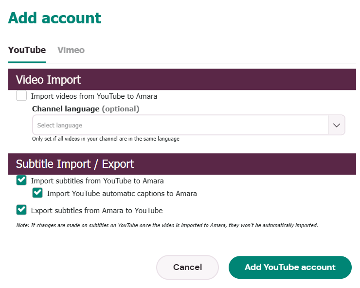 YouTube channel integration pop up window with options for importing and exporting subtitles selected.