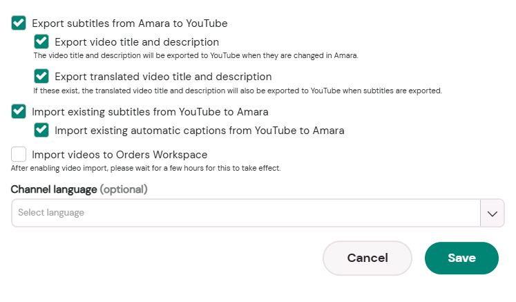 YouTube channel integration settings, showing options checked for Exporting and Importing subtitles.