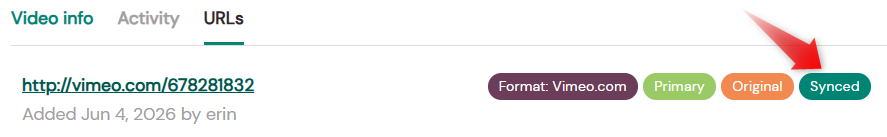 A red arrow points to the Synced tag for a video on Amara which has successfully exported subtitles to a video hosting site.