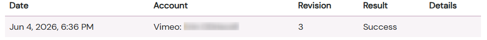 Sync History showing subtitles exported to Vimeo with the word Success in the Result column.