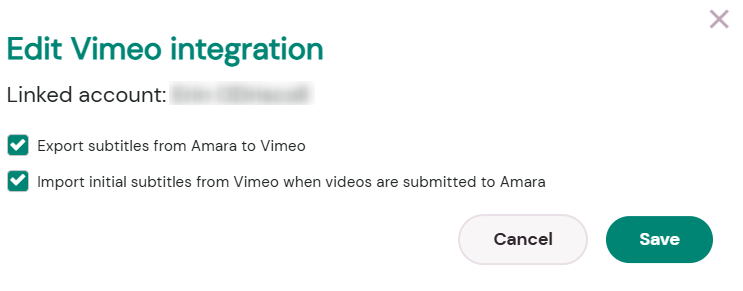 Vimeo account integration settings, showing options checked for Exporting and Importing subtitles.