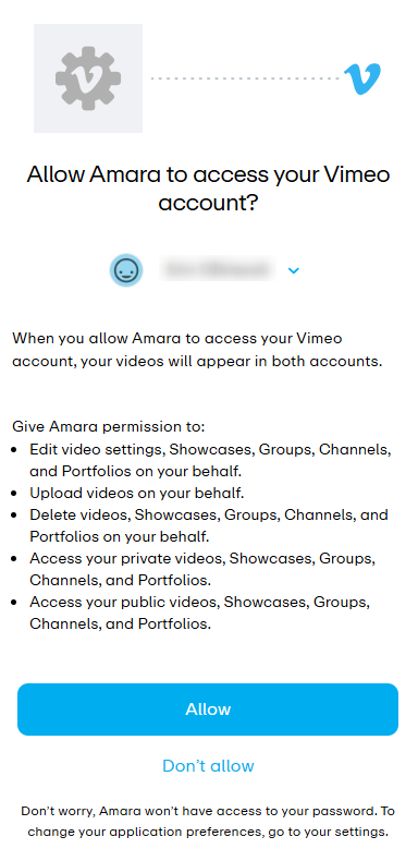 Vimeo permissions page to Allow integration with Amara.