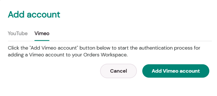Vimeo channel integration pop up window with Add Vimeo account button highlighted.