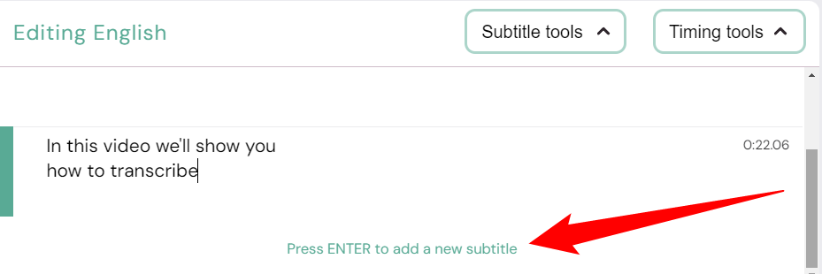 A red arrow points to text that says "Press ENTER to add a new subtitle".