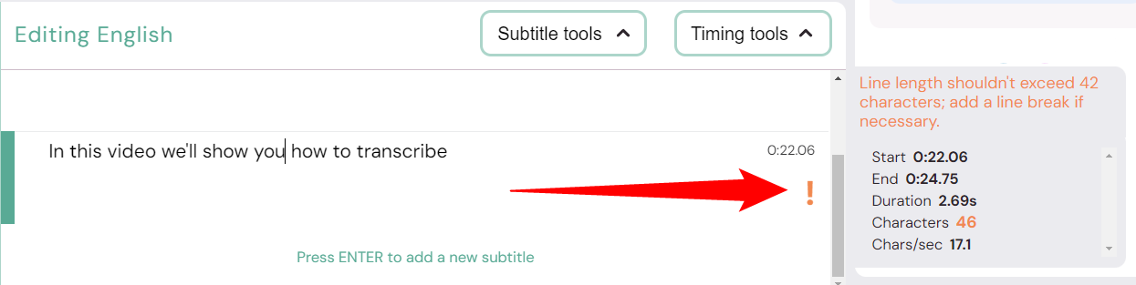 Red arrow points to the flyout information panel beside a subtitle that has a warning that the character count is too high for a subtitle line.