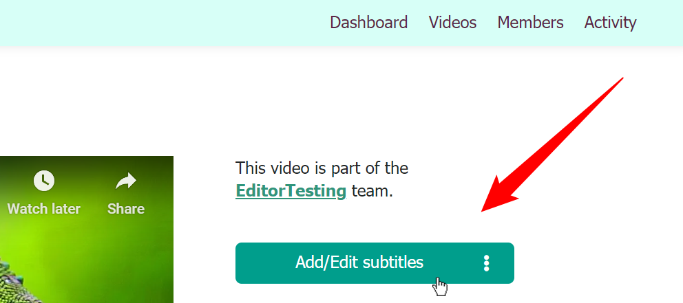 A red arrow points to the Add/Edit subtitles button on an Amara video page.