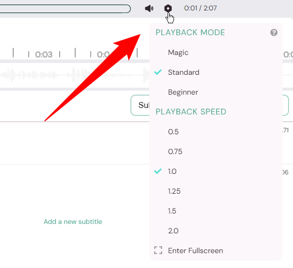 Red arrow points to the video control settings menu with playback mode, playback speed, and fullscreen view options.