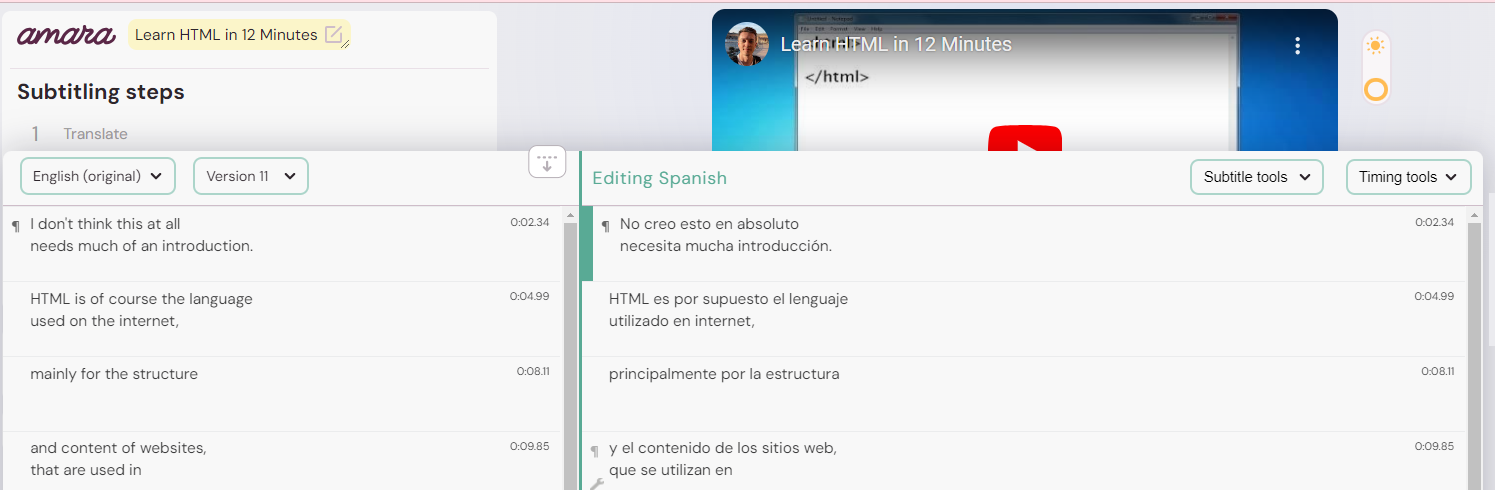 After expanding the Original Language and Editing panels, the video playback section is reduced and the Original Language and Editing panels are expanded.