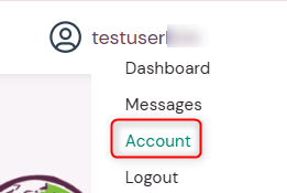 Screenshot of Amara username dropdown with Account tab highlighted.
