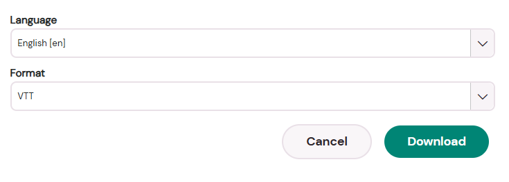 Drop down fields for language and format in the Download subtitles popup window, with the Download button highlighted.