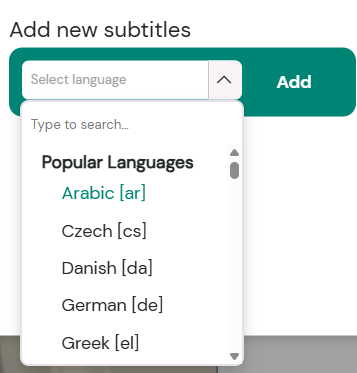 Add new subtitles dropdown with the search language field and the Add button visible 